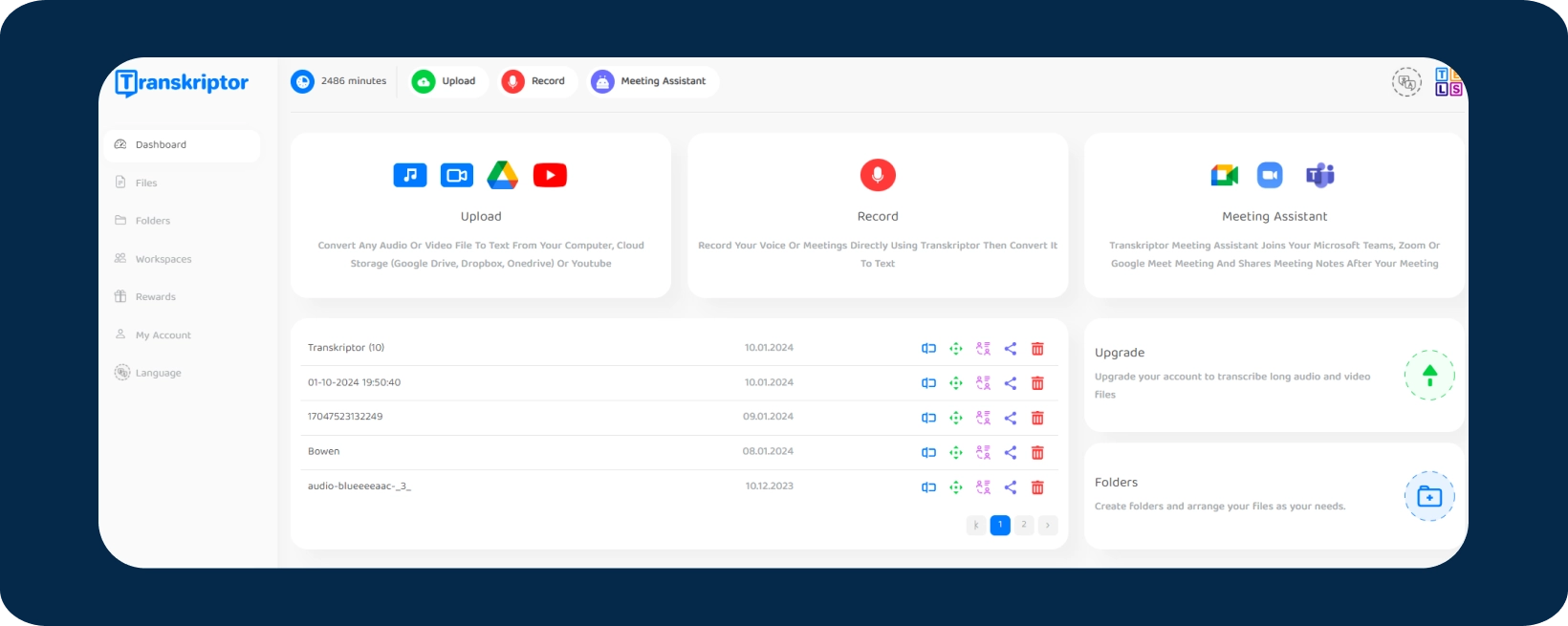 Transkriptor dashboard showing options for audio and video file conversion to text.